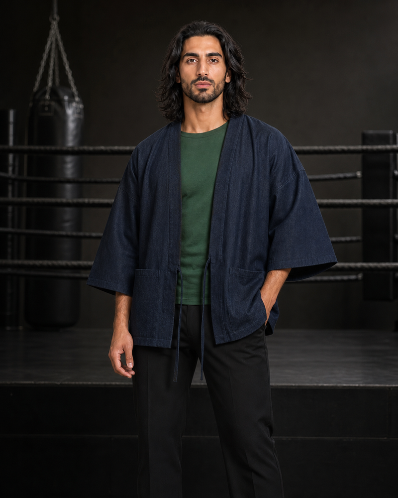 SYNTHETIC CREATIVE — Draped Denim Training Overshirt, Green variant styling on Middle Eastern model; not physical product proof