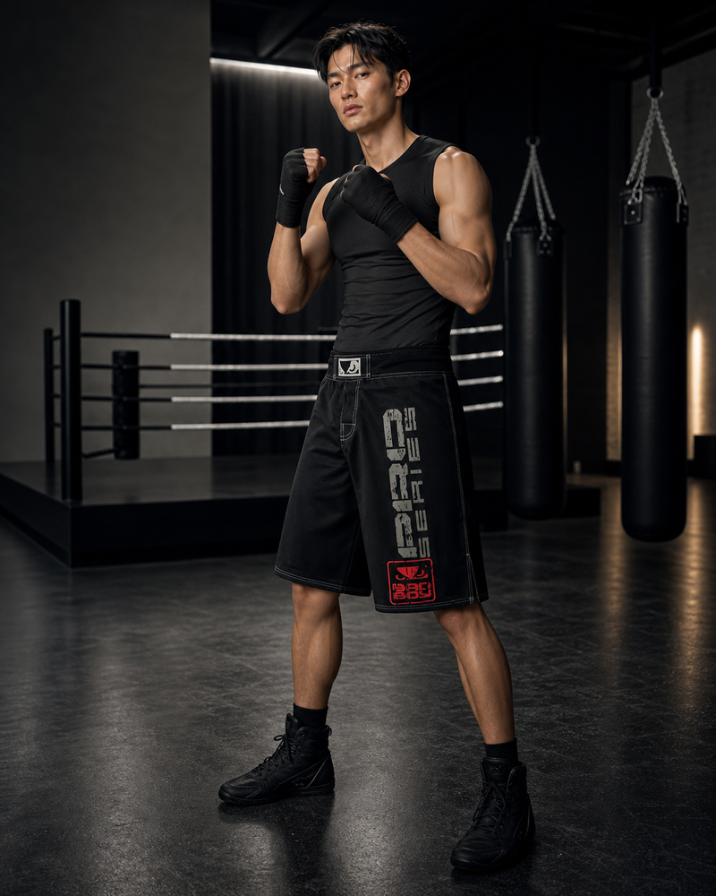Asian male athlete wearing black Falcon Performance Fight Shorts in an ATHENIS boxing gym