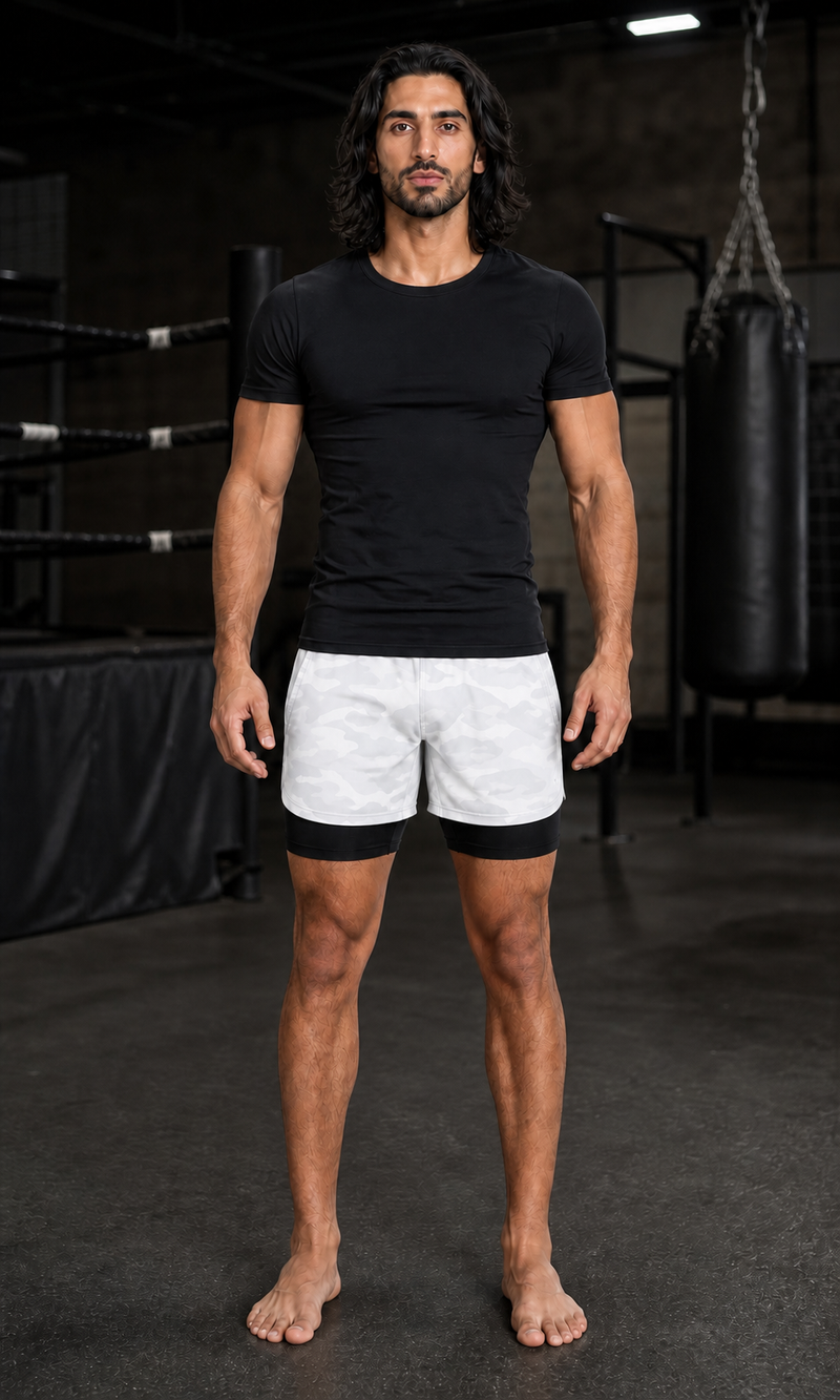 2-in-1 Camo Training Shorts — style1 White — Middle Eastern model