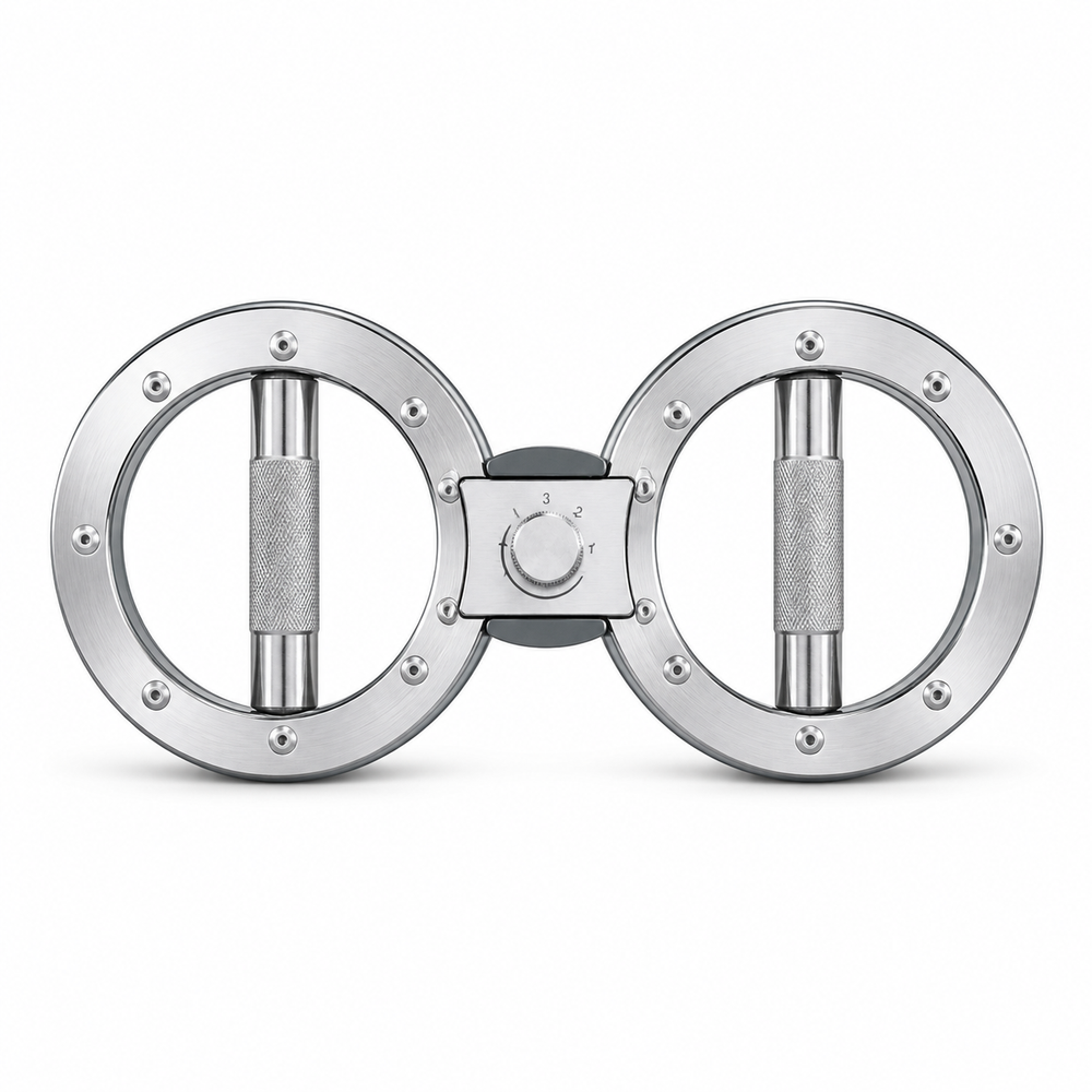 Rotary wrist and forearm strength trainer on white background — front view