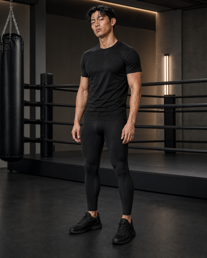 ATHENIS Men’s Compression Training Tights — black pants full set on Asian model