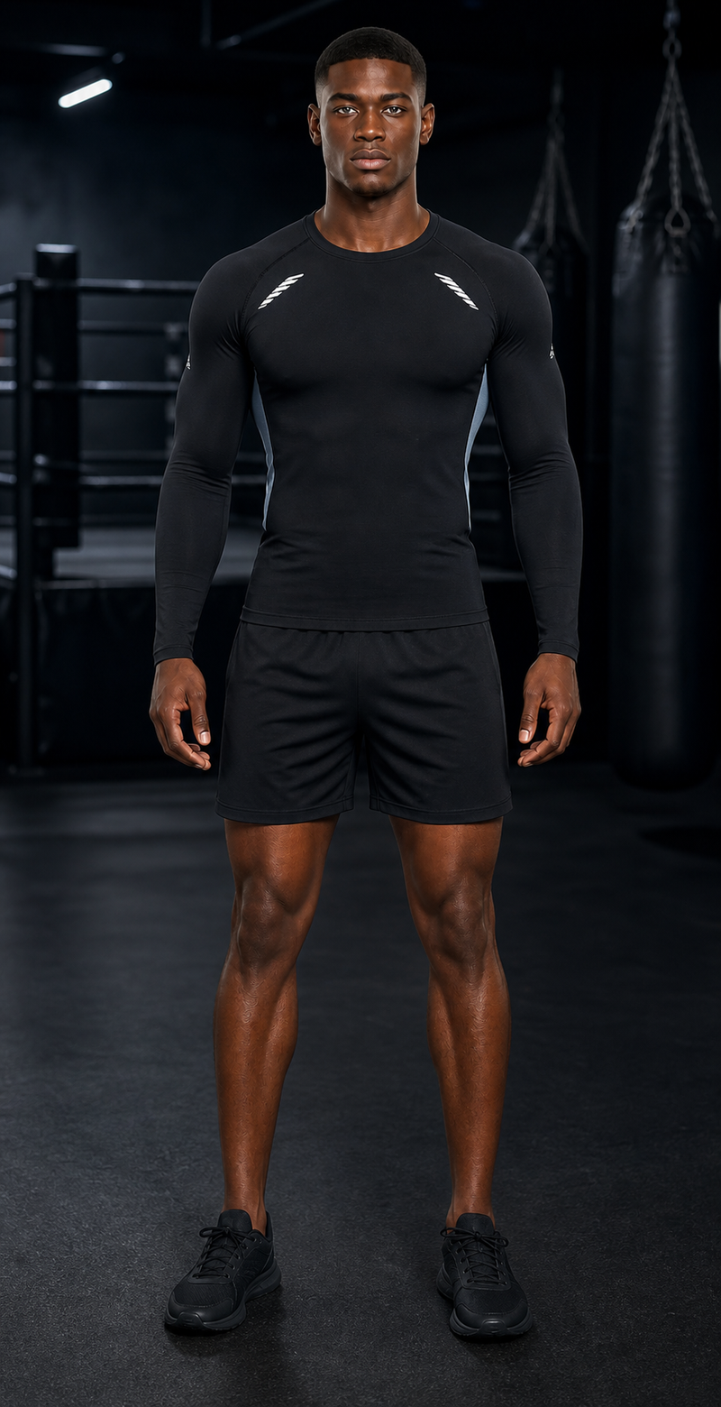 Black model wearing J31hei black accent men's compression training top