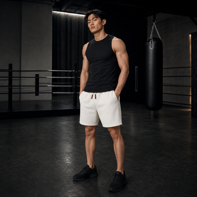 Pineapple Plaid Training Shorts — ATHENIS Asian model