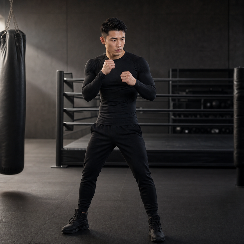 Second-Skin Long-Sleeve Training Top in Black, model view