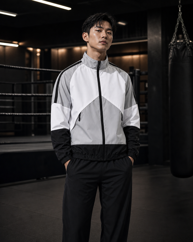 Man wearing the silver grey Vector Panel Training Jacket in a boxing gym